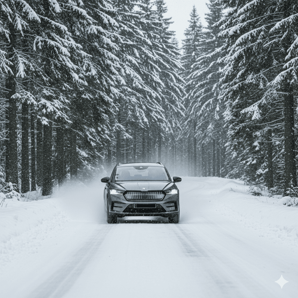 Škoda Enyaq jedoucí po zasněžené silnici