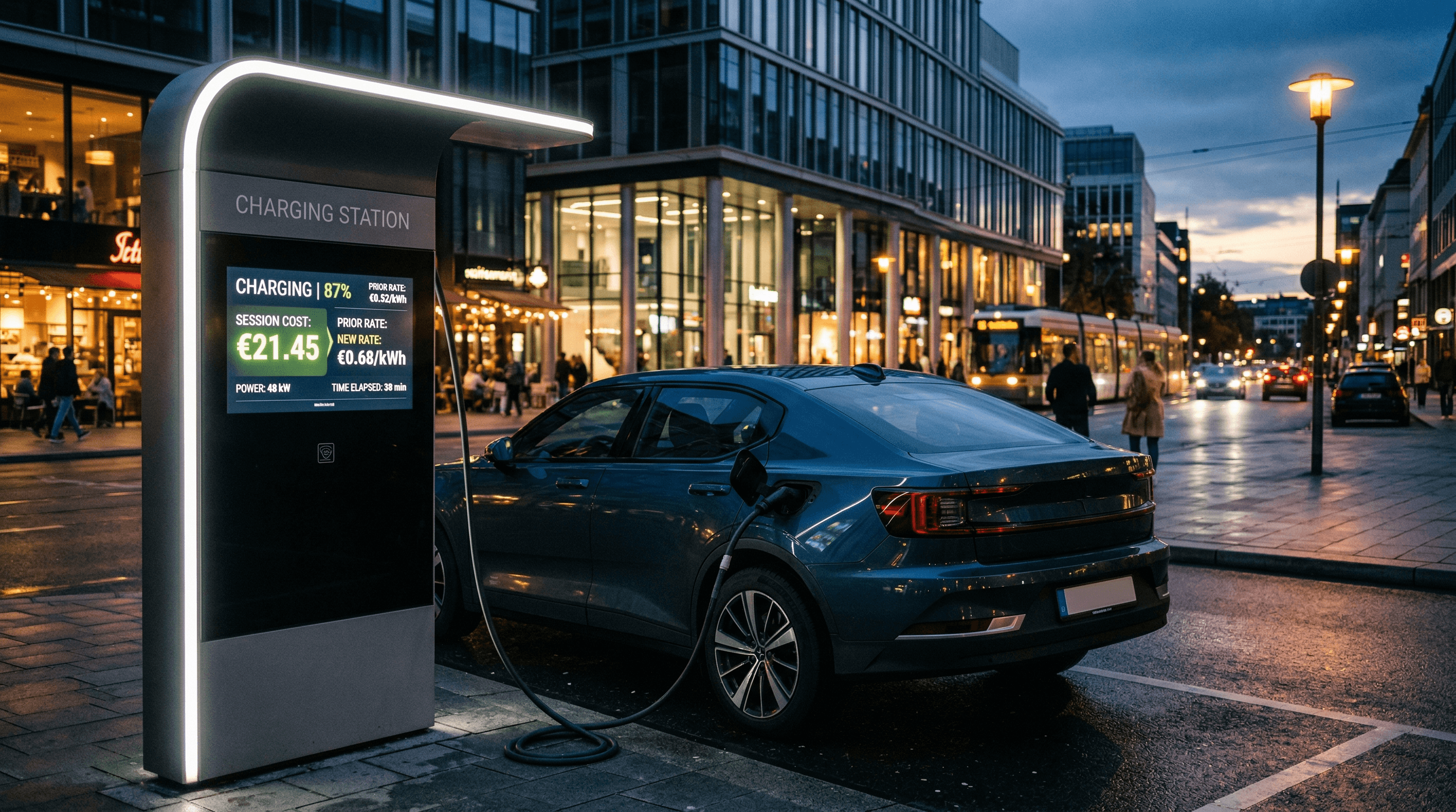 Elektromobil u nabíjecí stanice s displejem zobrazujícím nové ceny