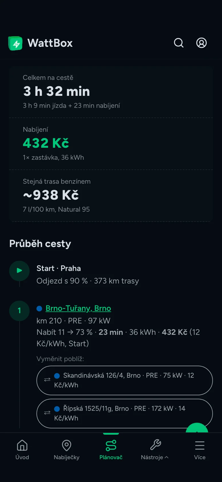 Plánovač trasy s nabíjecími zastávkami a cenami
